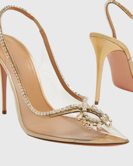 Italia Rhinestone Woven PVC Slingback Pumps In Gold