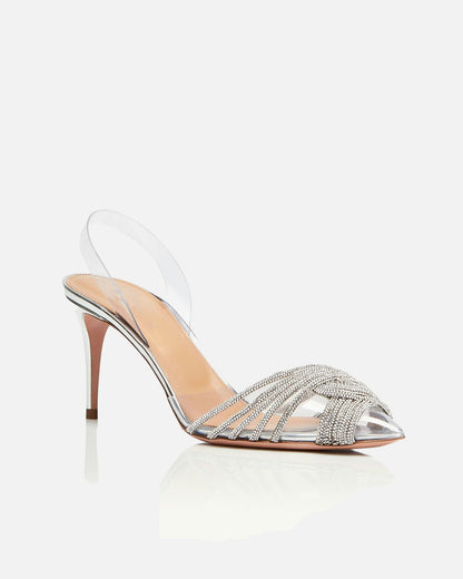 Italia Rhinestone Woven PVC Slingback Pumps In Silver