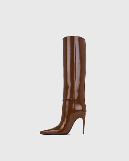 Ivana Buckle Leather Knee High Boots In Brown