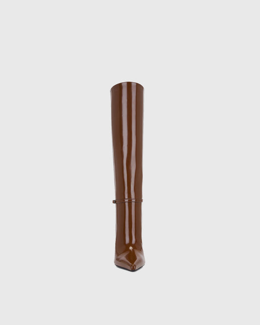 Ivana Buckle Leather Knee High Boots In Brown