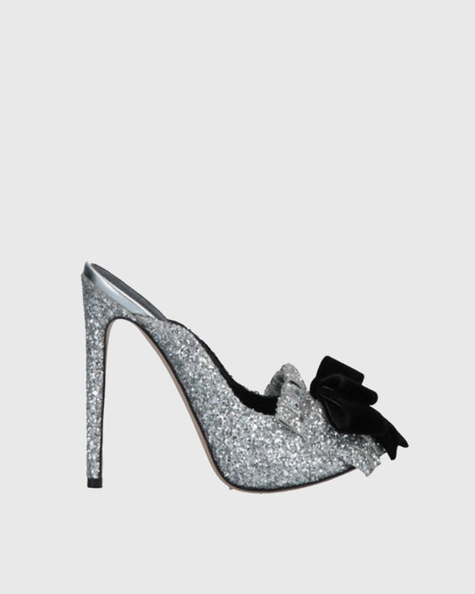Julie Sparkle Black Bow Slippers In Silver