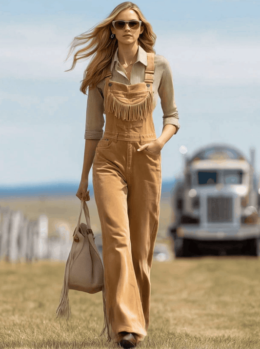 Western Vintage Camel Suede Tassel Wide-Leg Overalls