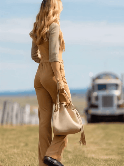 Western Vintage Camel Suede Tassel Wide-Leg Overalls