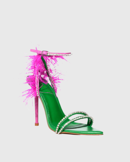 Lila Rhinestone Feather Strap Sandals