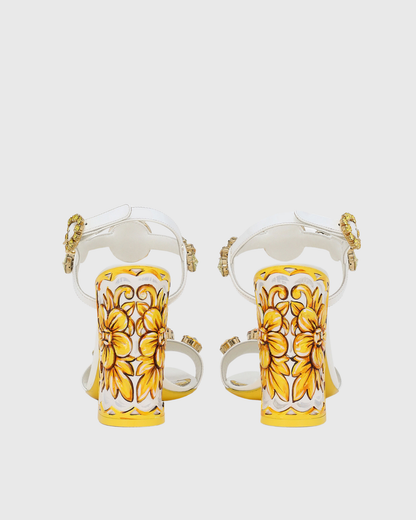 Loreto Flower Print Diamond Strap Sandals In Gold