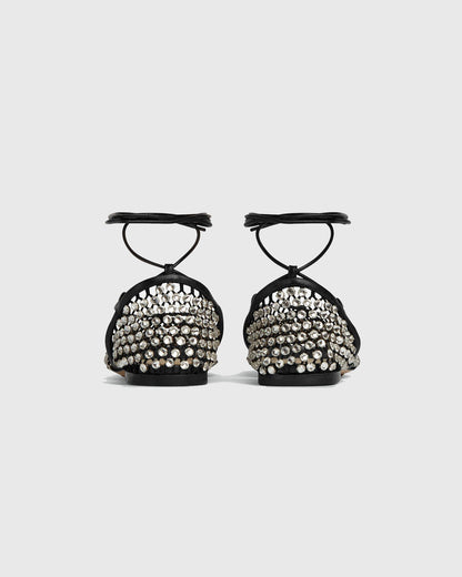 Luca Rhinestone Embellished Fishnet Lace Up Flats In Black