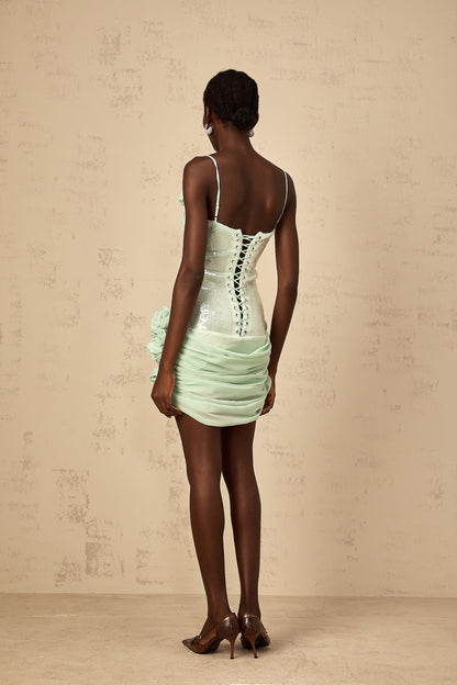 Élise green sequin-embellished floral mini dress
