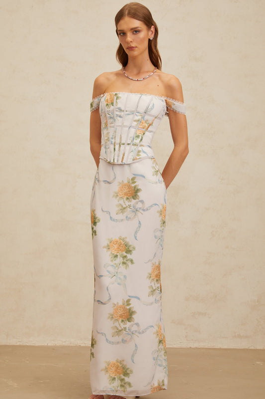 Béryl Soft-Blue Floral Print Fitted Maxi Dress