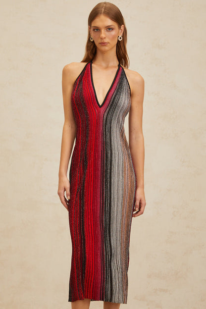 Amaryllis Red Sequined Striped Knit Midi Dress