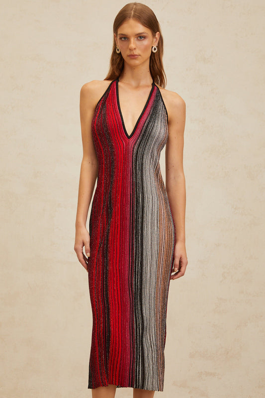 Amaryllis Red Sequined Striped Knit Midi Dress