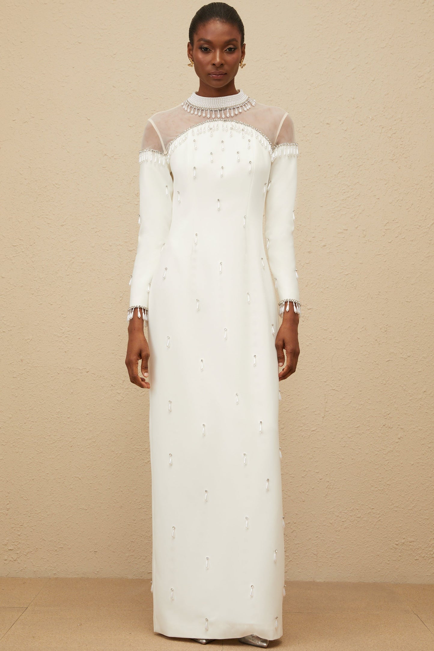 Céline White Embellished Evening Maxi Gown