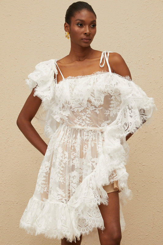 Nonchalante White Ruffled Floral Lace Mini Dress
