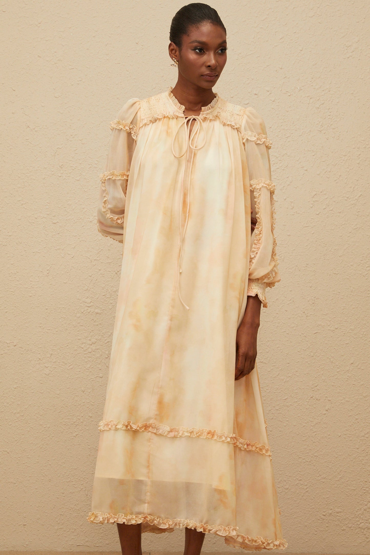 Lecollet Beige Ruffled Tie-Dye Midi Dress