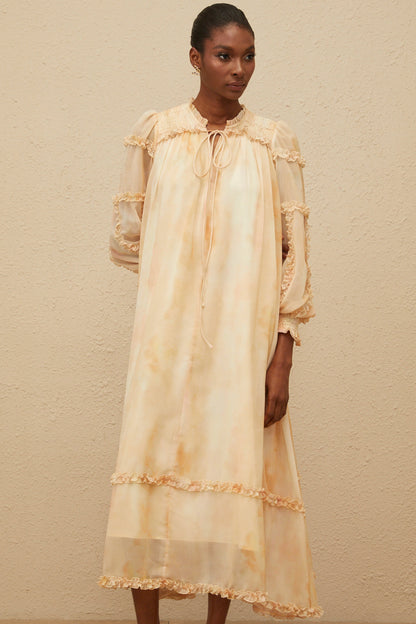 Lecollet Beige Ruffled Tie-Dye Midi Dress