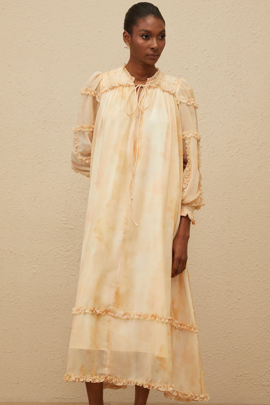 Lecollet Beige Ruffled Tie-Dye Midi Dress