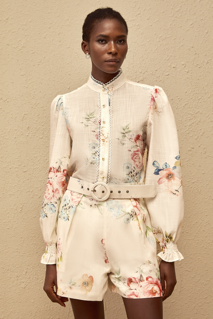 Ambre White Floral Print Shirt & Shorts Set