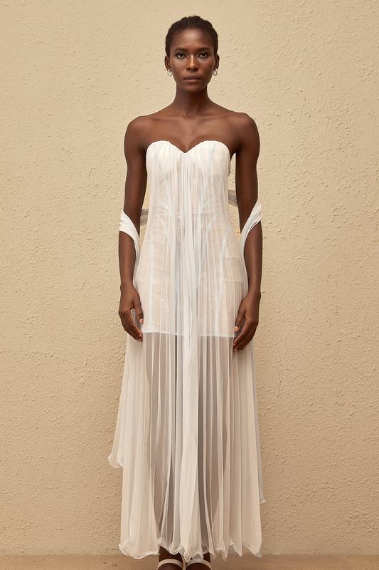 Monique Light Blue Pleated Mesh Maxi Dress