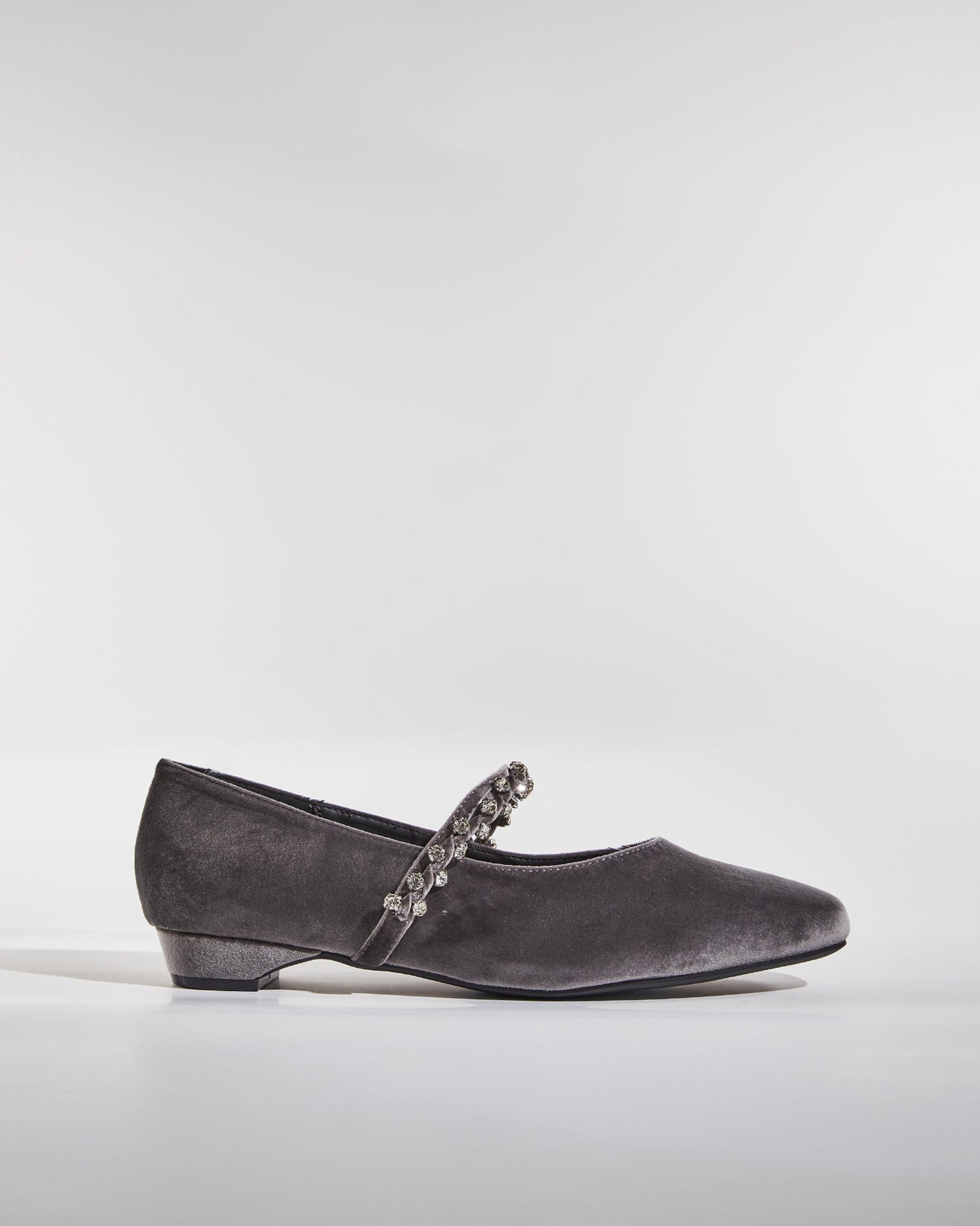 Meg Rhinestone Strap Velvet Flats In Grey