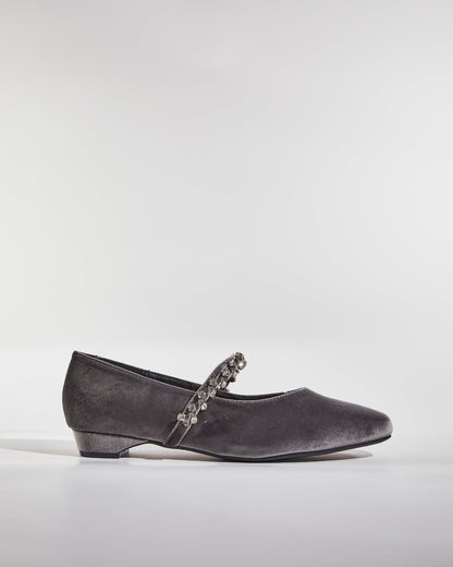 Meg Rhinestone Strap Velvet Flats In Grey