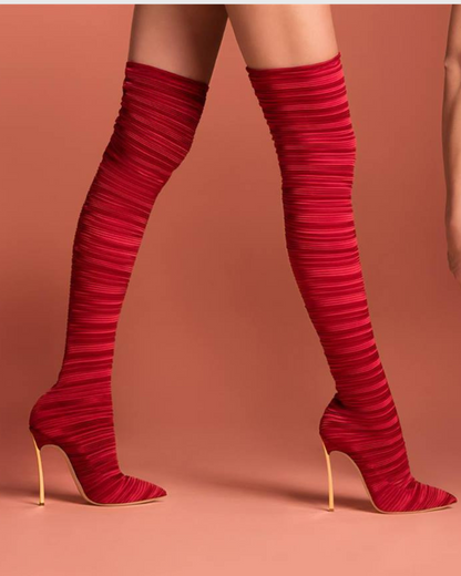 Miley Ribbed Velvet Over The Knee Boots In Red