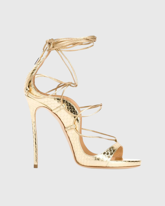 Myla Snake Texture Lace Up Sandals In Gold