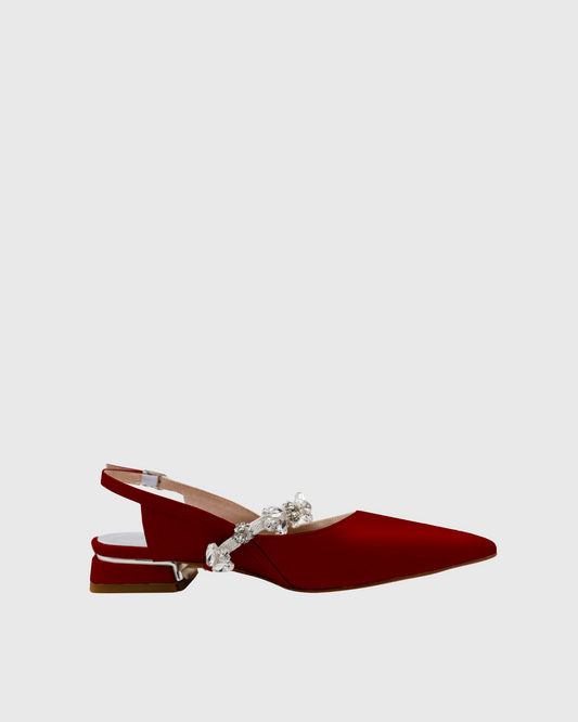 Nerina Rhinestone Strap Satin Flats In Wine