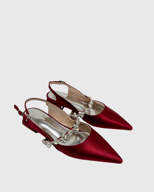 Nerina Rhinestone Strap Satin Flats In Wine