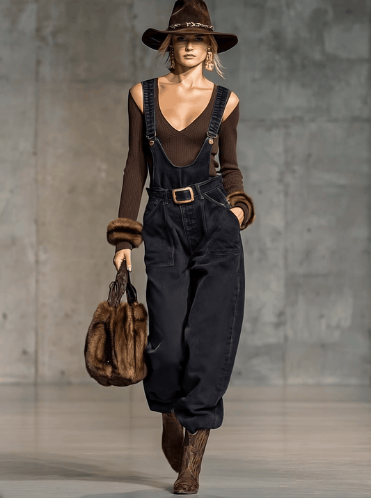 Vintage Casual Workwear Western Black Denim Overalls