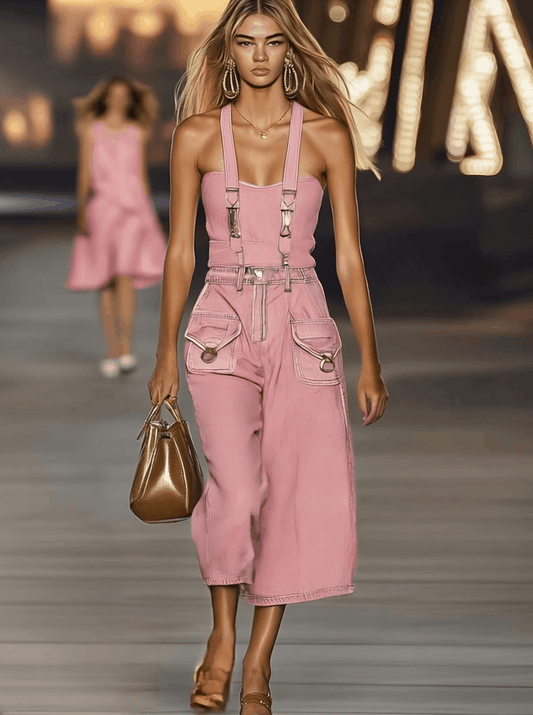 【24-hour shipping out】Fashion Personality Loose Pink Suspender Denim Jumpsuit Overalls