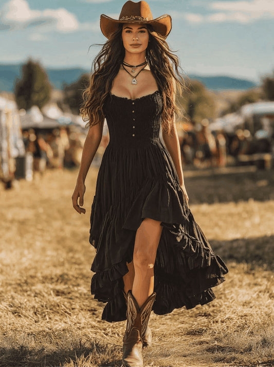 【24-hour shipping out】Western Retro Black Pleated Irregular Ruffle Sleeveless Maxi Dress
