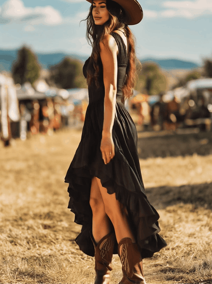 【24-hour shipping out】Western Retro Black Pleated Irregular Ruffle Sleeveless Maxi Dress
