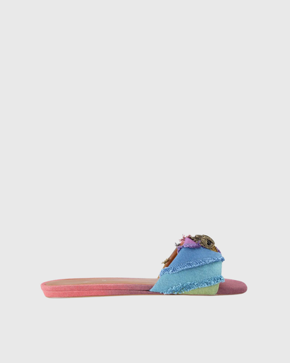 Owl Embellished Denim Slippers In Multicolor