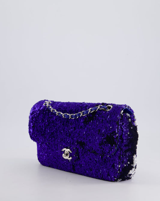 *HOT* Chanel Blue Sequin Medium Single Flap Bag with Silver Hardware