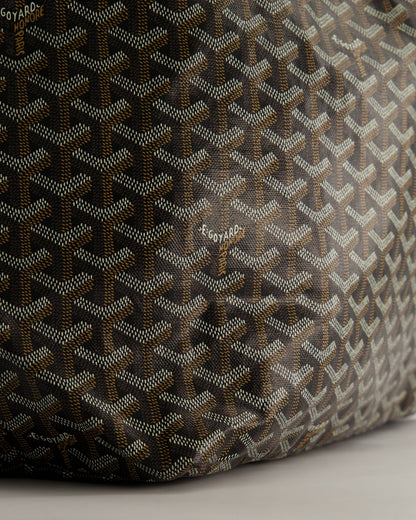Goyard Saint Louis GM Black Shoulder Tote Bag in Goyardine Canvas and Brown Chevroches Calfskin Leather