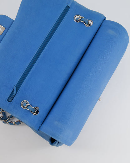 *FIRE PRICE* Chanel Blue Jumbo Classic Double Flap Bag in Caviar Nubuck Leather with Silver Hardware&nbsp;