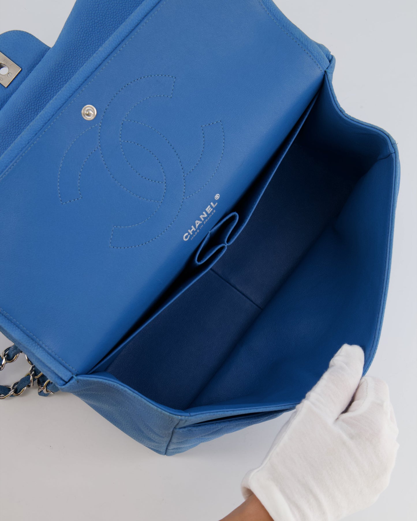 *FIRE PRICE* Chanel Blue Jumbo Classic Double Flap Bag in Caviar Nubuck Leather with Silver Hardware&nbsp;