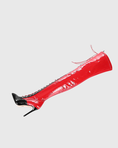 Paris Splicing Lace Up Over The Knee Boots In Red
