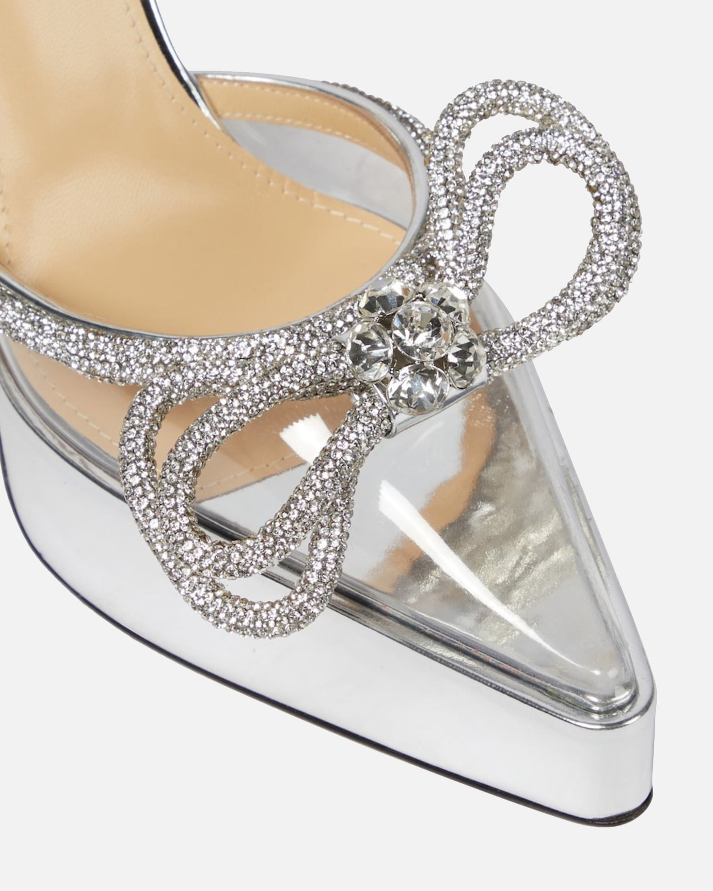 Rina Crystal Bow Platform Flared Heels In Silver