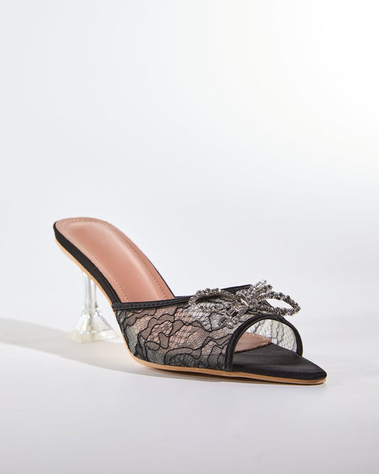 Rina Diamond Bow Lace Flared Heels In Black