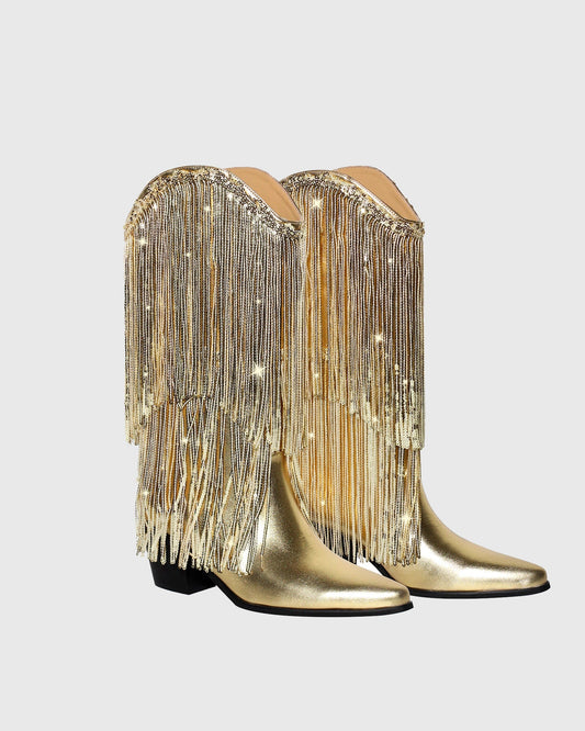Rosana Rhinestone Fringe Leather Cowboy Mid Calf Boots In Gold