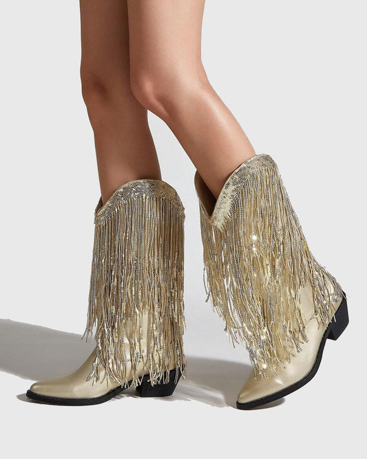 Rosana Rhinestone Fringe Leather Cowboy Mid Calf Boots In Gold