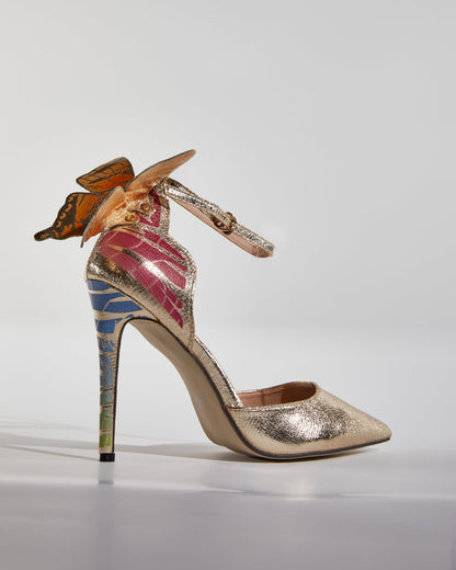 Rossa Butterfly Print Strap Pumps In Gold