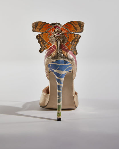 Rossa Butterfly Print Strap Pumps In Gold