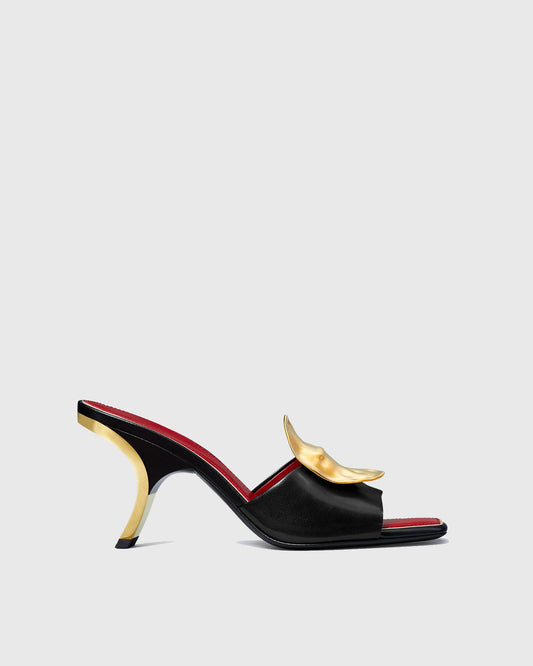 Sabra Metal Coin Asymmetrical Slippers In Black
