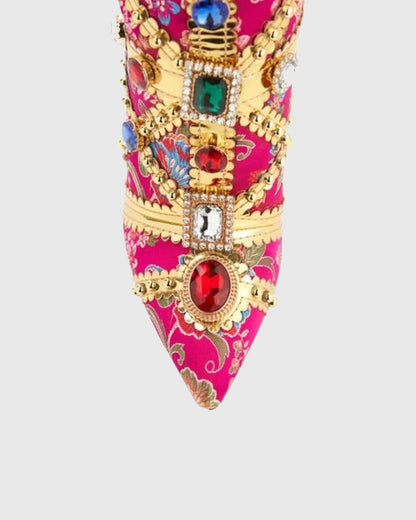 Sardinia Rhinestone Embroidery Knee High Boots In Hot Pink