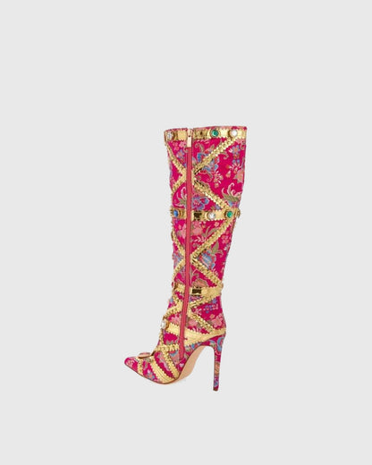 Sardinia Rhinestone Embroidery Knee High Boots In Hot Pink