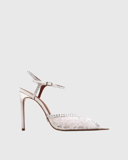 Sarva Lace Rhinestone Strap Pumps In White