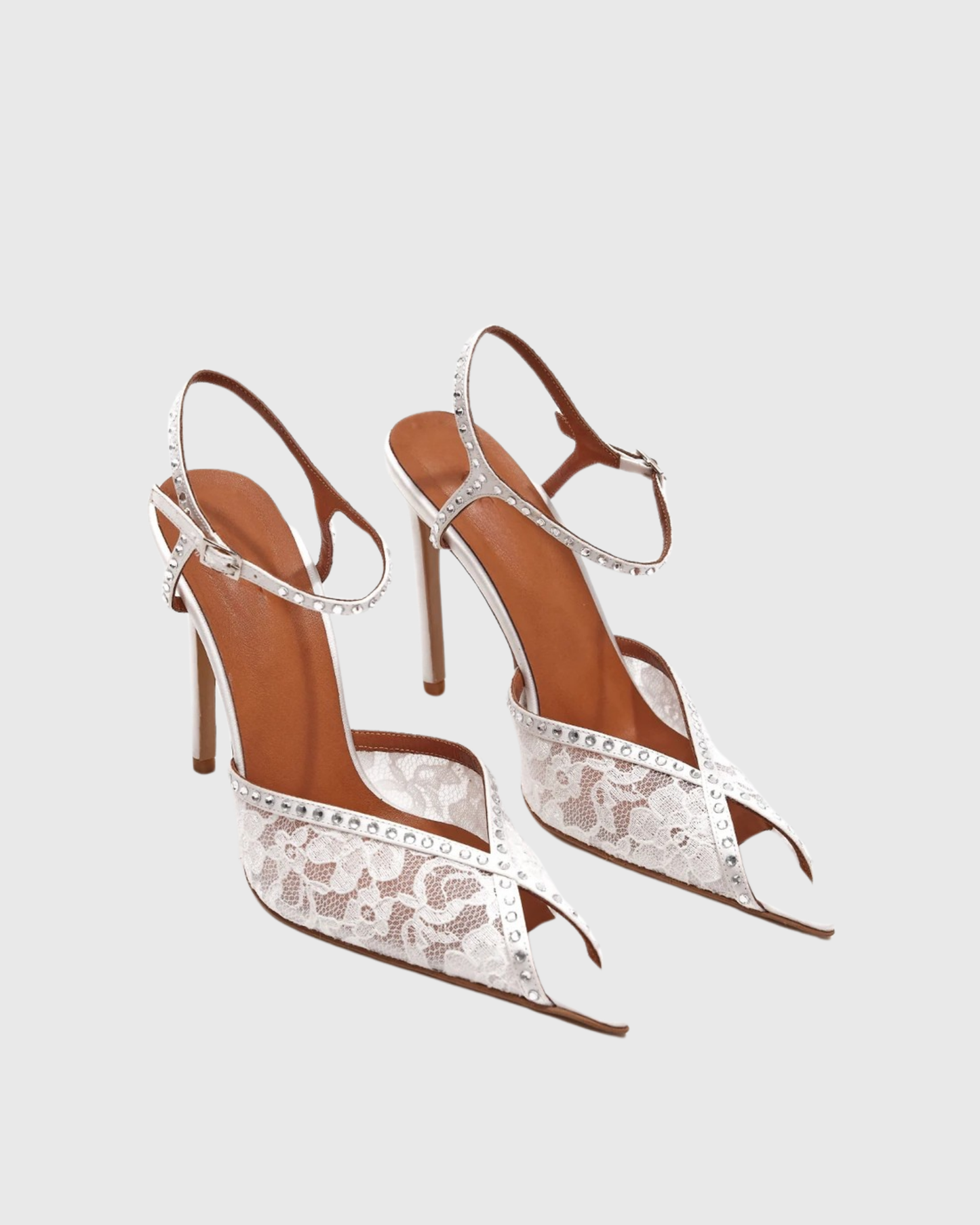 Sarva Lace Rhinestone Strap Pumps In White