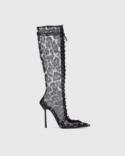 Sea Leopard Print Mesh Lace Up Knee High Boots