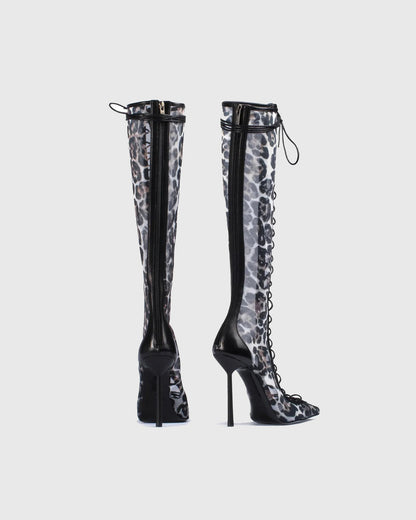 Sea Leopard Print Mesh Lace Up Knee High Boots